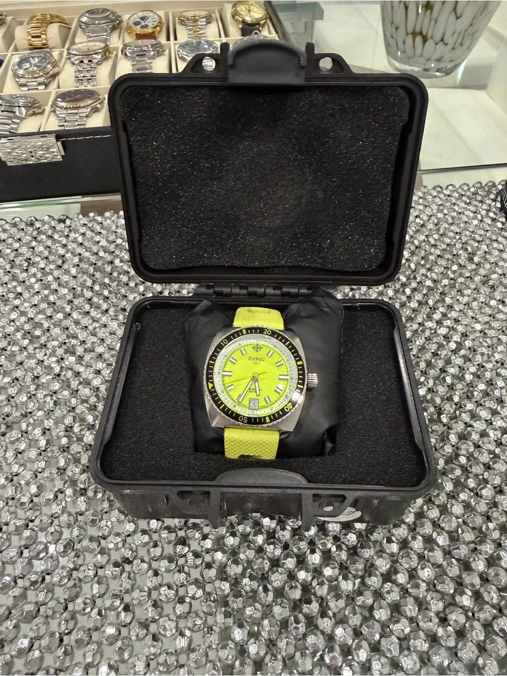 Zodiac Yellow Dial Dive Watch with Black Bezel